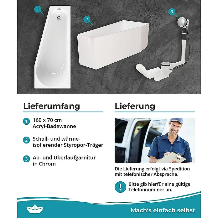 Calmwaters Raumsparbadewanne Essential Small - 160 x 70 cm, Sanitäracryl, Weiß, Links - Produktbild einer Acryl-Badewanne (160 x 70 cm) mit Styropor-Träger und Ab- und Überlaufgarnitur in Chrom.