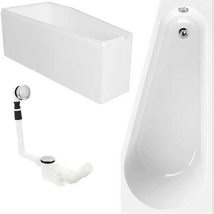 Calmwaters Raumsparbadewanne Essential Small - 160 x 70 cm, Sanitäracryl, Weiß, Links - Bild eines weissen Badezimmersets mit Badewanne, Wannenträger und Ablaufgarnitur. Zeitloses Design für moderne Badezimmer.