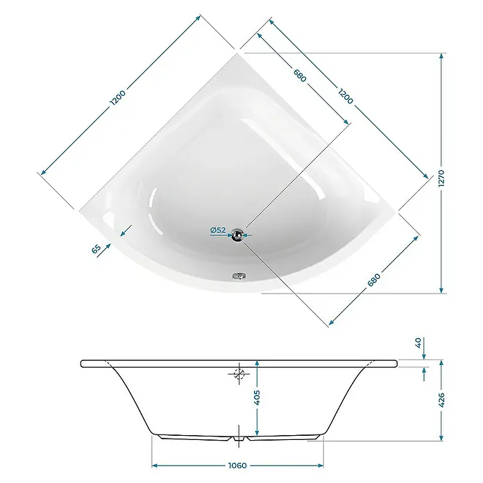 Calmwaters Eckbadewanne Modern Small 2 - Sanitäracryl, Weiß - Detaillierte Schemazeichnung einer Eckbadewanne mit Maßangaben zu Länge, Breite und Höhe für Installationszwecke.