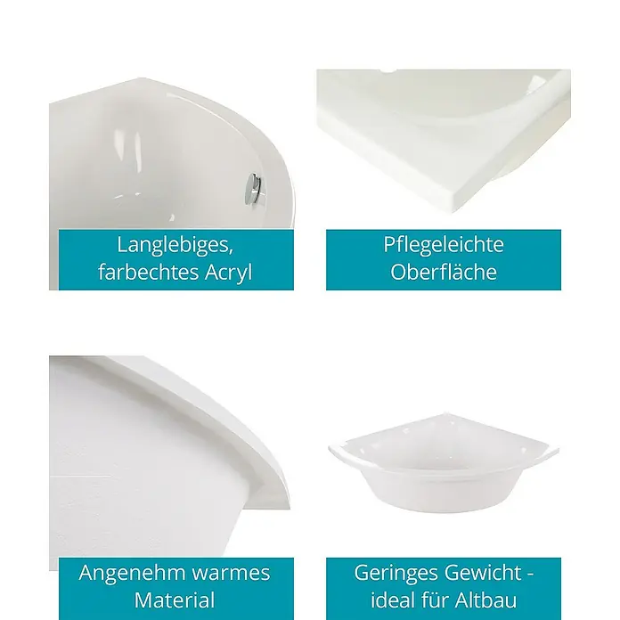 Calmwaters Eckbadewanne Modern Small 2 - Sanitäracryl, Weiß - Nahaufnahme einer Ecke einer weißen Badewanne, die die langlebige Acryloberfläche hervorhebt.