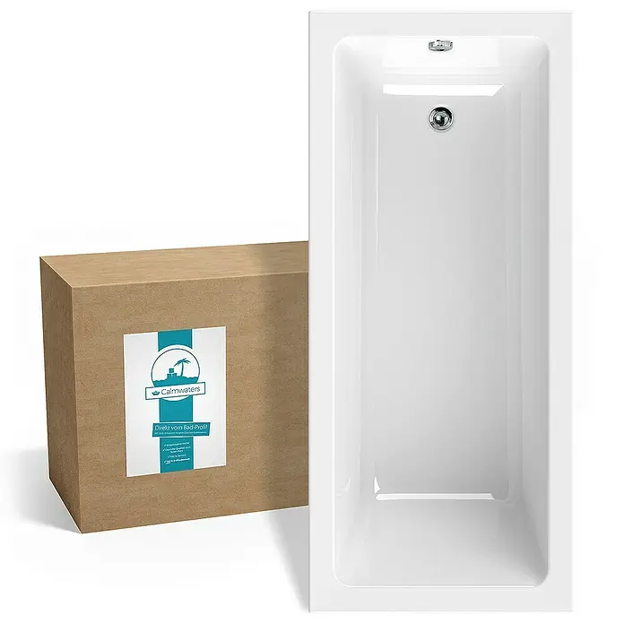 Calmwaters Badewanne Modern Square - Sanitäracryl, Weiß - Weisse Badewanne neben einem Karton mit dem Calmwaters-Logo. Die Badewanne ist rechteckig und modern.
