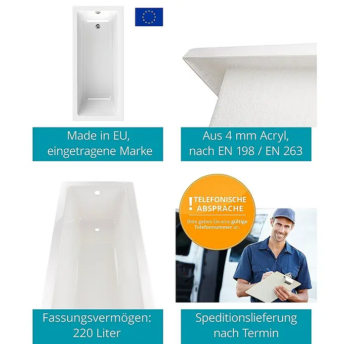Calmwaters Badewanne Modern Square - Sanitäracryl, Weiß - Produktbild einer Badewanne mit Hinweisen zu Eigenschaften wie Material, Herkunft und Fassungsvermögen.