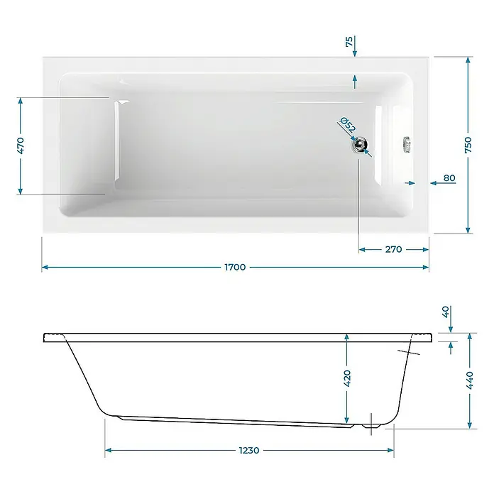 Calmwaters Badewanne Modern Square - Sanitäracryl, Weiß - Abbildung einer Badewanne mit Maßangaben für Installationen und Konstruktionen, technische Zeichnung.