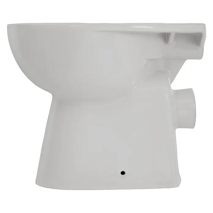 Calmwaters Stand-WC Spülrandlos - Spülrandlos, Ohne Spezialglasur, Spülform: Tief, WC Abgang: Waagerecht, Manhattan-Grau - Nahaufnahme einer weißen Toilettenschüssel. Das glänzende Keramikstück ist sauber und elegant gestaltet.