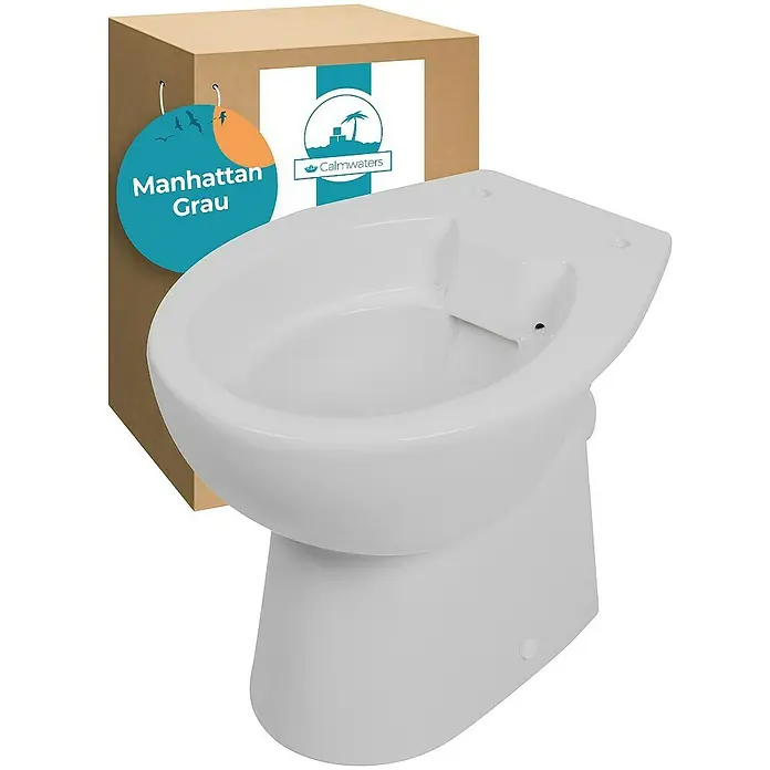 Calmwaters Stand-WC Spülrandlos - Spülrandlos, Ohne Spezialglasur, Spülform: Tief, WC Abgang: Waagerecht, Manhattan-Grau - Bild eines weißen Stand-Bidets der Marke Calmwaters "Manhattan Grau" vor einem Karton, ideal für jedes Badezimmer.