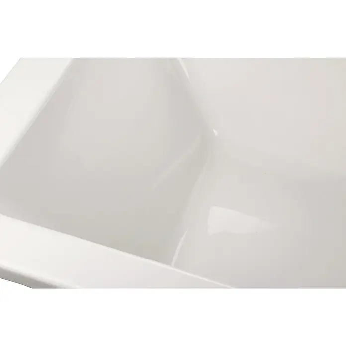 Calmwaters Badewanne Modern Square - Sanitäracryl, Weiß - Nahaufnahme einer Doppelspüle aus weißem Kunststoff, die sich ideal für die Reinigung und Organisation der Küche eignet.