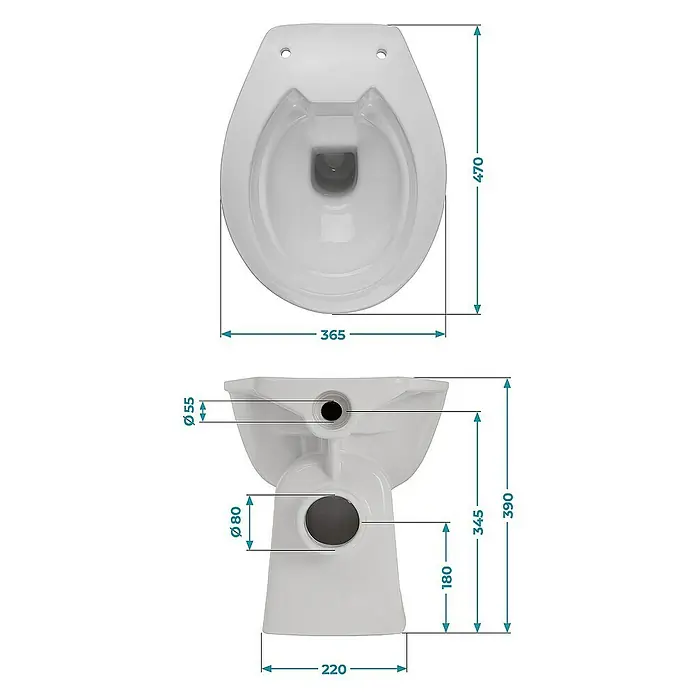 Calmwaters Stand-WC Spülrandlos - Spülrandlos, Ohne Spezialglasur, Spülform: Tief, WC Abgang: Waagerecht, Manhattan-Grau - Abbildung einer Toilette mit genauen Maßangaben für Höhe, Breite und Durchmesser verschiedener Teile, nützlich für Badplanung.