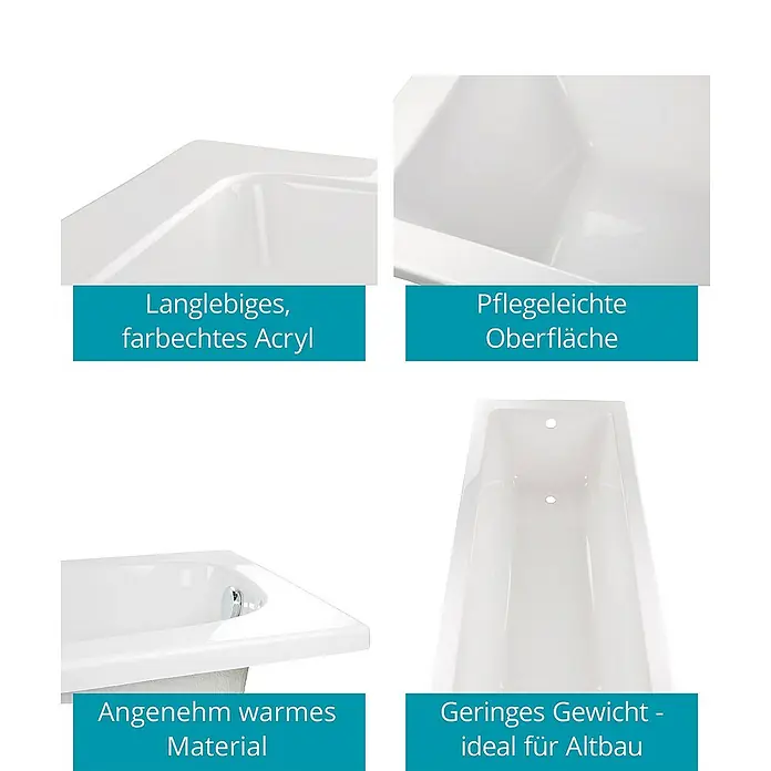 Calmwaters Badewanne Modern Square - Sanitäracryl, Weiß - Produktbild einer Badewanne mit Fokus auf Materialbeschaffenheit und Vorteile wie geringes Gewicht und Acrylbeschaffenheit.