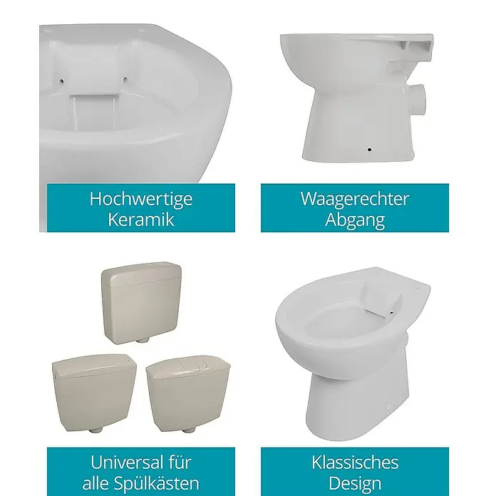 Calmwaters Stand-WC Spülrandlos - Spülrandlos, Ohne Spezialglasur, Spülform: Tief, WC Abgang: Waagerecht, Manhattan-Grau - Bild einer Sanitärkeramik-Kollektion, die hochwertige Keramik, waagerechte Abgänge und universelle Spülkästen in klassischem Design umfasst.