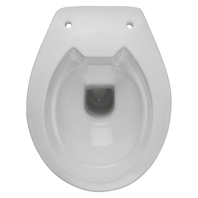 Calmwaters Stand-WC Spülrandlos - Spülrandlos, Ohne Spezialglasur, Spülform: Tief, WC Abgang: Waagerecht, Manhattan-Grau - Nahaufnahme einer weißen Toilettenschüssel, die ein schlichtes, aber essentielles Keramikdesign für moderne Badezimmer zeigt.