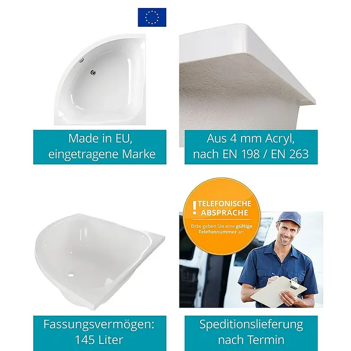 Calmwaters Eckbadewanne Modern Small 2 - L x B: 120 x 120 cm, Sanitäracryl, Weiß - Produktabbildung eines Eckwaschbeckens aus Acryl mit den Hinweisen "Made in EU" und "145 Liter Fassungsvermögen".