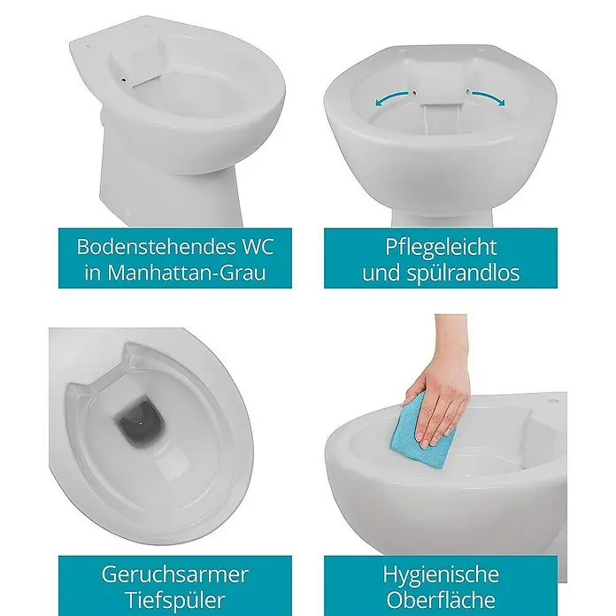 Calmwaters Stand-WC Spülrandlos - Spülrandlos, Ohne Spezialglasur, Spülform: Tief, WC Abgang: Waagerecht, Manhattan-Grau - Bodenstehendes WC in Manhattan-Grau. Pflegelleicht und spülrandlos, geruchsarmer Tiefspüler mit hygienischer Oberfläche für eine einfache Reinigung.