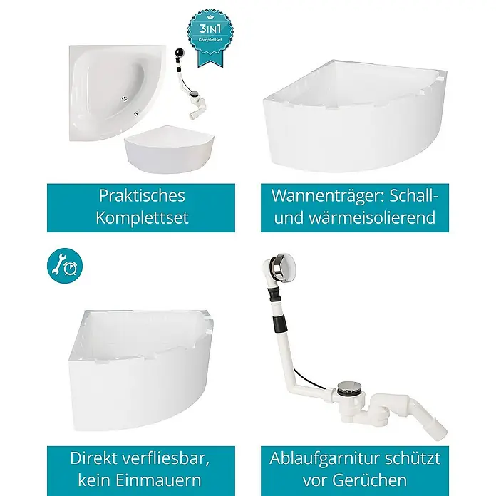 Calmwaters Eckbadewanne Modern Small 2 - L x B: 120 x 120 cm, Sanitäracryl, Weiß - Produktabbildung eines 3-in-1 Eckbadewannen-Komplettsets mit Träger, Ablaufgarnitur und Eckbadewanne.