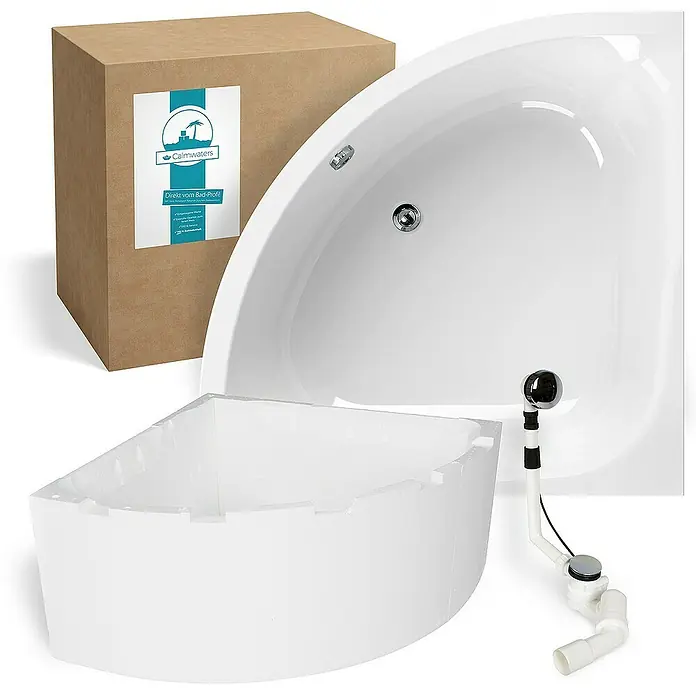 Calmwaters Eckbadewanne Modern Small 2 - L x B: 120 x 120 cm, Sanitäracryl, Weiß - Abgebildet ist eine Eckbadewanne mit Zubehör und einer Verpackung. Die Badewanne ist aus glänzendem, weißem Material.