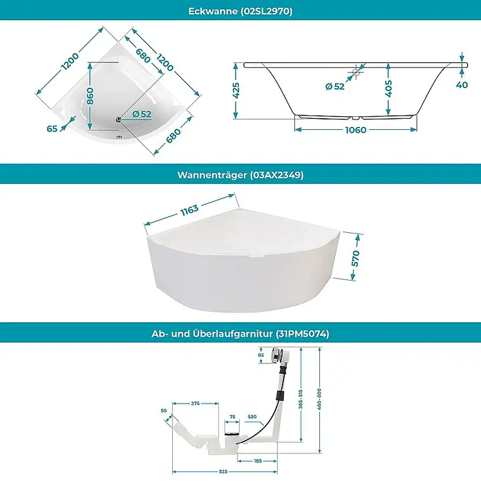 Calmwaters Eckbadewanne Modern Small 2 - L x B: 120 x 120 cm, Sanitäracryl, Weiß - Technische Zeichnung einer Eckwanne (02SL2970) mit Maßen, Wannenträger (03AX2349) und Ab- und Überlaufgarnitur (31PM5074).