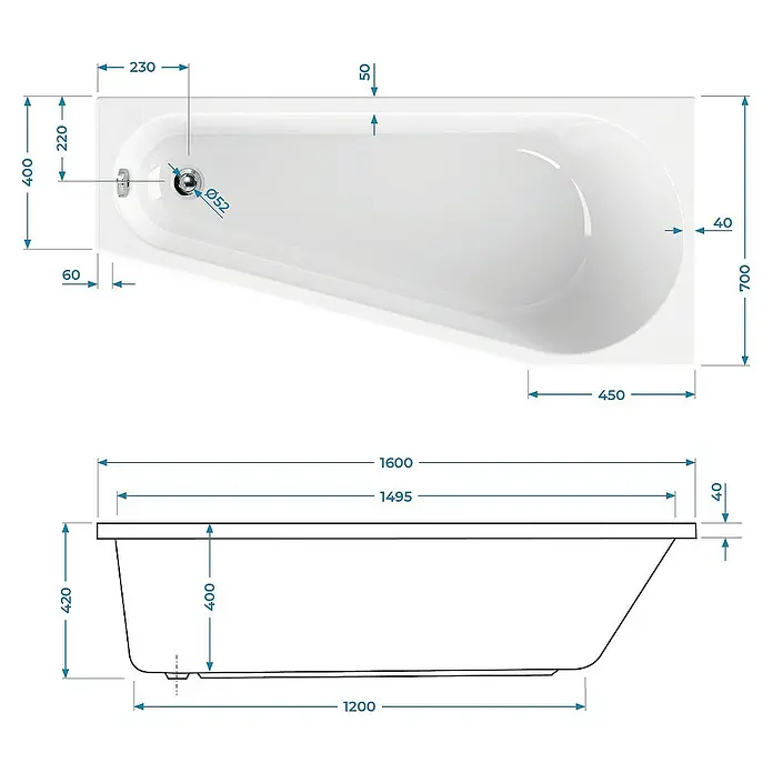 Calmwaters Raumsparbadewanne Essential Small - 160 x 70 cm, Sanitäracryl, Weiß, Links - Detaillierte Abbildung einer Badewanne mit Maßangaben, die die Abmessungen und Designmerkmale hervorhebt.
