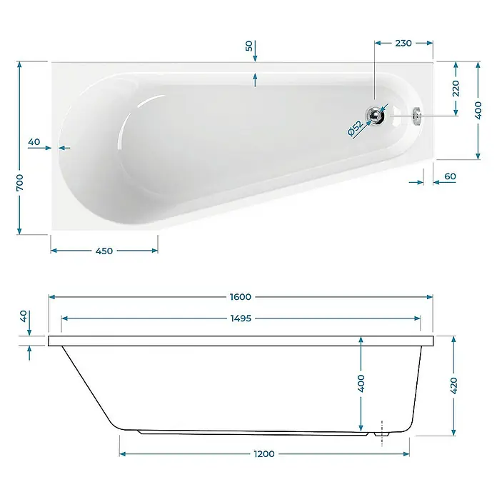 Calmwaters Raumsparbadewanne Essential Small - 160 x 70 cm, Sanitäracryl, Weiß, Rechts - Eine detaillierte Schemazeichnung einer Badewanne mit Maßangaben für Länge, Breite und Höhe.