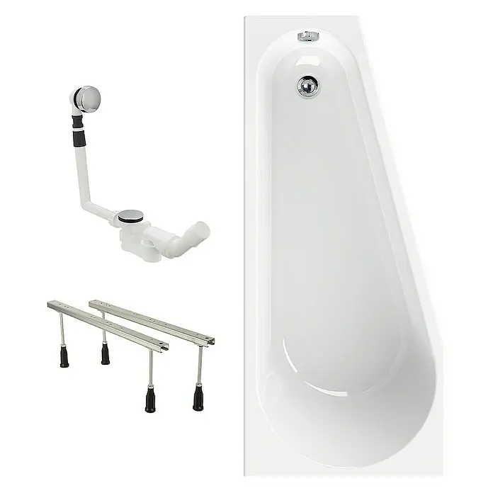 Calmwaters Raumsparbadewanne Essential Small - 160 x 70 cm, Sanitäracryl, Weiß, Rechts - Das Bild zeigt eine Badewanne mit Ablaufgarnitur und Füßen. Die Badewanne ist aus weißem Sanitäracryl gefertigt.