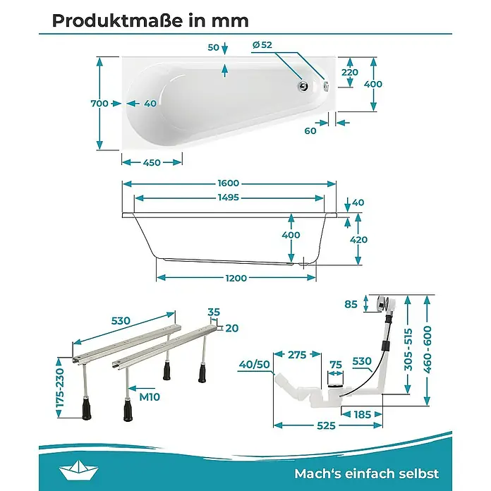 Calmwaters Raumsparbadewanne Essential Small - 160 x 70 cm, Sanitäracryl, Weiß, Rechts - Produktmaße einer Badewanne in mm, inklusive Details zu Ablaufgarnitur und Befestigung.