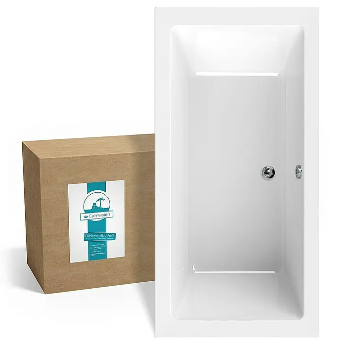Calmwaters Badewanne Modern Square 2 - Sanitäracryl, Weiß - Produktbild einer rechteckigen Badewanne mit einem Paket daneben, ideal für jedes Badezimmer.