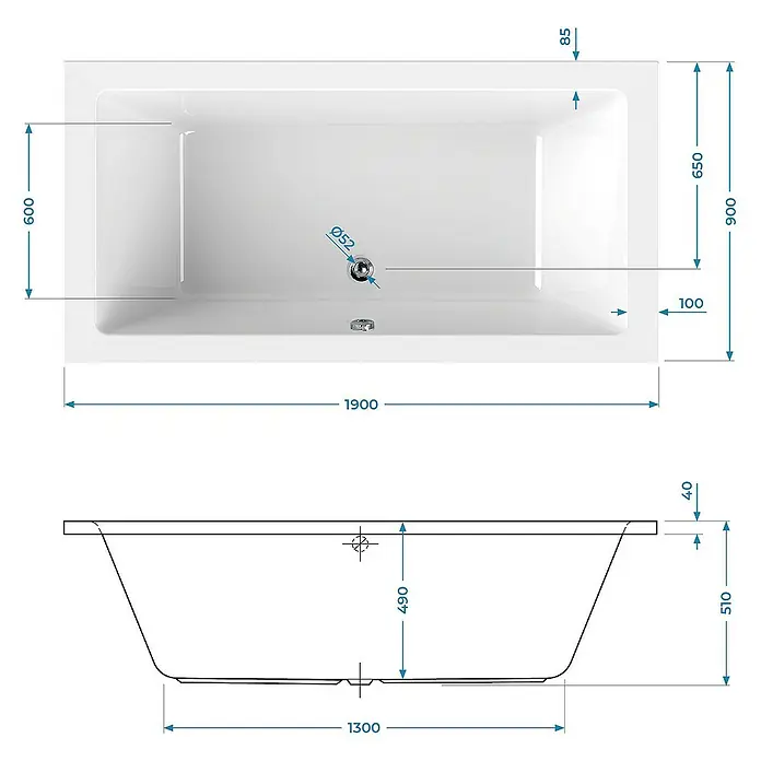 Calmwaters Badewanne Modern Square 2 - Sanitäracryl, Weiß - Technische Zeichnung einer rechteckigen Badewanne mit allen Maßen für Installationen.