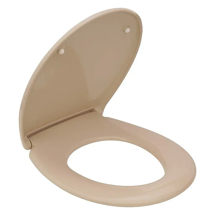 Calmwaters Wand-WC-Set Set mit WC-Sitz - Spülrandlos, Ohne Spezialglasur, Spülform: Tief, WC Abgang: Waagerecht, Bahamabeige - Beige Toilettensitz mit Deckel, leicht geöffnet, im Fokus. Ideal für jedes Badezimmer.