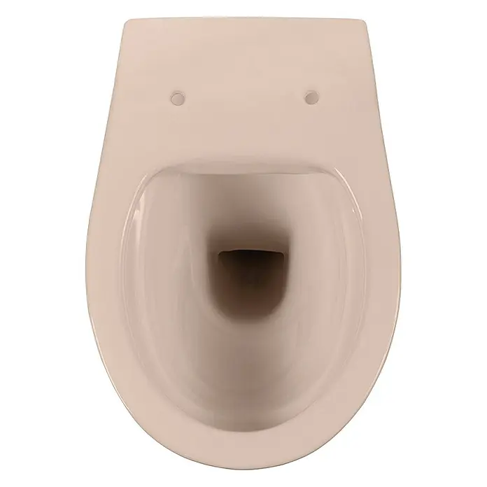 Calmwaters Wand-WC-Set Set mit WC-Sitz - Spülrandlos, Ohne Spezialglasur, Spülform: Tief, WC Abgang: Waagerecht, Bahamabeige - Nahaufnahme einer beigen, wandhängenden Toilette, die ein modernes und minimalistisches Design für Badezimmer zeigt.