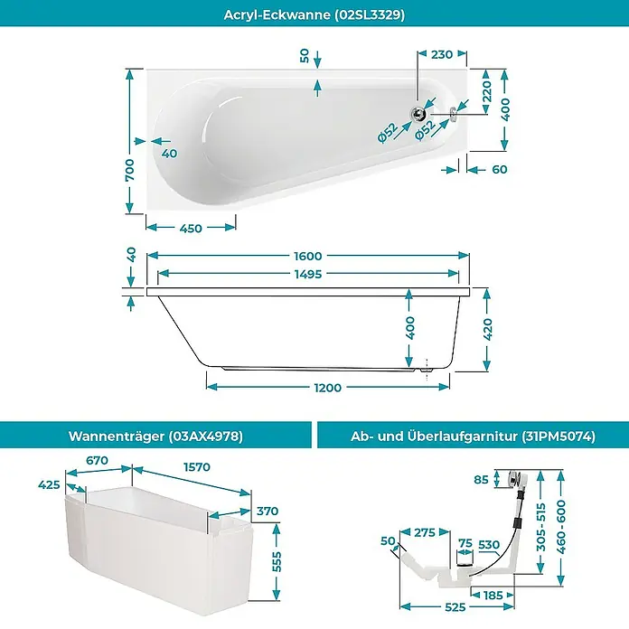 Calmwaters Raumsparbadewanne Essential Small - 160 x 70 cm, Sanitäracryl, Weiß, Rechts - Technische Zeichnung einer Acryl-Eckbadewanne (Modell 02SL3329) mit Wannenträger (03AX4978) und Ab- und Überlaufgarnitur (31PM5074).