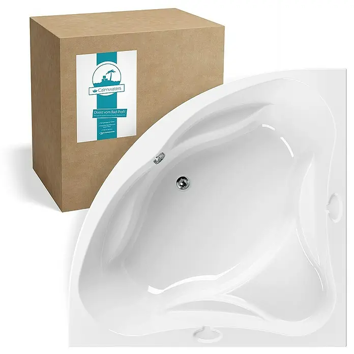 Calmwaters Eckbadewanne Original - Sanitäracryl, Weiß - Eckbadewanne in Weiß neben einem Karton mit dem Calmwaters-Logo. Die Badewanne hat ein modernes Design und ist für Badezimmer geeignet.