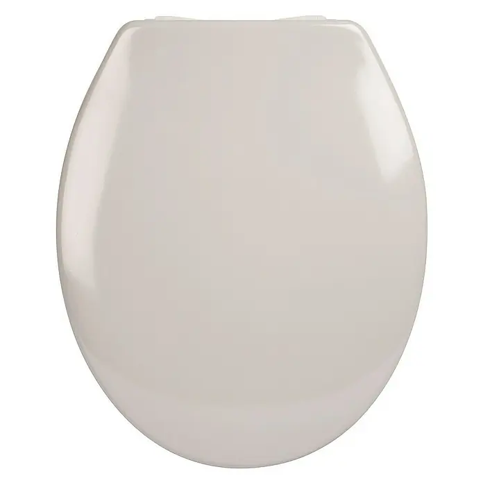 Calmwaters Wand-WC-Set Set mit WC-Sitz - Spülrandlos, Ohne Spezialglasur, Spülform: Tief, WC Abgang: Waagerecht, Manhattan-Grau - Nahaufnahme eines weißen Toilettensitzes. Dieser Toilettensitz zeichnet sich durch ein schlichtes und hygienisches Design aus.