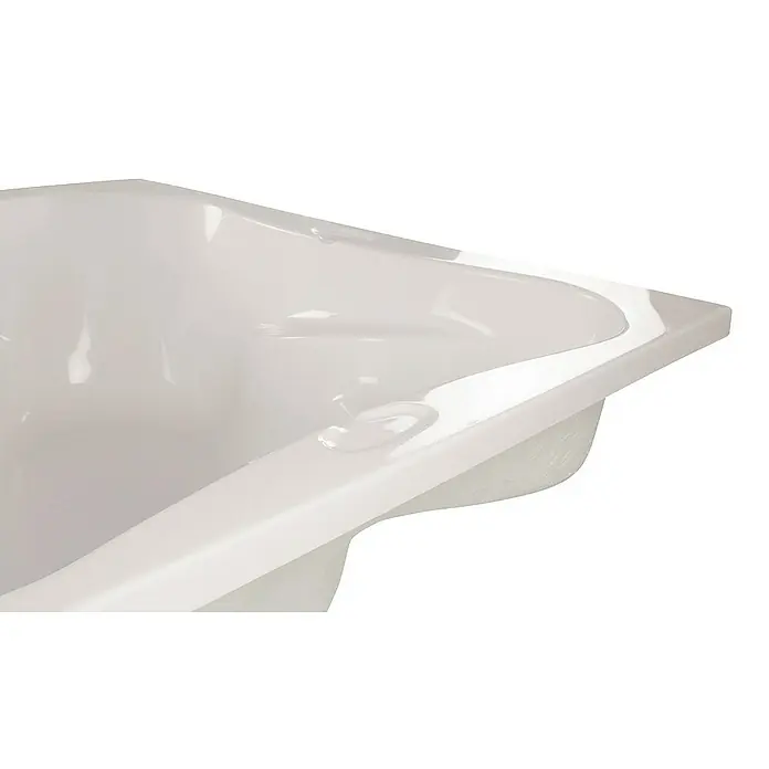 Calmwaters Eckbadewanne Original - Sanitäracryl, Weiß - Detailaufnahme einer modernen, glänzenden, weißen Badewanne, die durch ihr minimalistisches Design und die saubere Verarbeitung besticht.