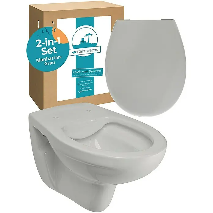Calmwaters Wand-WC-Set Set mit WC-Sitz - Spülrandlos, Ohne Spezialglasur, Spülform: Tief, WC Abgang: Waagerecht, Manhattan-Grau - Abbildung eines Calmwaters Wand-WC-Sets in Manhattan-Grau, bestehend aus WC-Becken und WC-Sitz, verpackt in einem Karton.