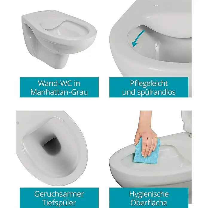Calmwaters Wand-WC-Set Set mit WC-Sitz - Spülrandlos, Ohne Spezialglasur, Spülform: Tief, WC Abgang: Waagerecht, Manhattan-Grau - Dieses Bild zeigt ein spülrandloses Wand-WC in Manhattan-Grau mit einer hygienischen Oberfläche und einem geruchsarmen Tiefspüler.
