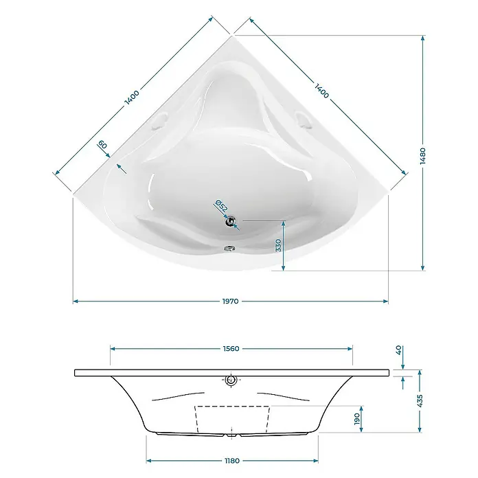 Calmwaters Eckbadewanne Original - Sanitäracryl, Weiß - Produktansicht einer Eckbadewanne mit Maßangaben für Design und Installation. Die Wanne ist in Weiß gehalten und zeigt Details.