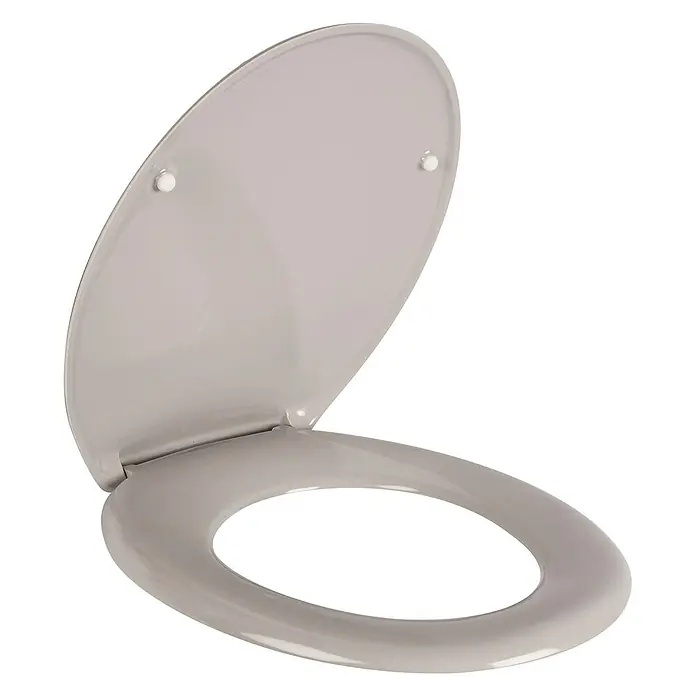 Calmwaters Wand-WC-Set Set mit WC-Sitz - Spülrandlos, Ohne Spezialglasur, Spülform: Tief, WC Abgang: Waagerecht, Manhattan-Grau - Grauer Toilettensitz mit offenem Deckel. Der Toilettensitz ist aus robustem Material gefertigt und hat eine klassische Form.