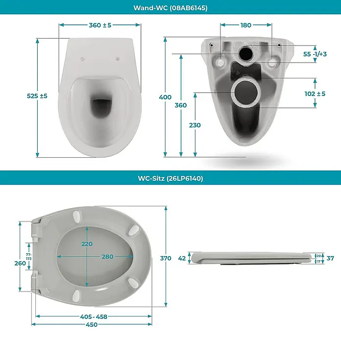 Calmwaters Wand-WC-Set Set mit WC-Sitz - Spülrandlos, Ohne Spezialglasur, Spülform: Tief, WC Abgang: Waagerecht, Manhattan-Grau - Technische Zeichnung des Wand-WC (08AB6145) und WC-Sitz (26LP6140) mit Maßen für Installation und Design.