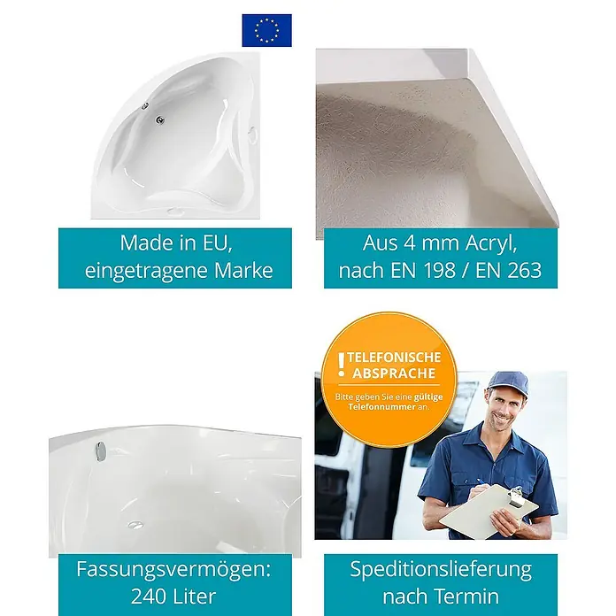 Calmwaters Eckbadewanne Original - Sanitäracryl, Weiß - Produktdetails: Eckbadewanne aus Acryl, Made in EU, Fassungsvermögen 240 Liter, Lieferung nach telefonischer Terminvereinbarung.
