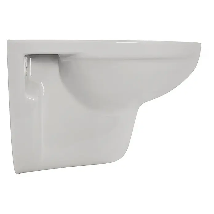 Calmwaters Wand-WC-Set Set mit WC-Sitz - Spülrandlos, Ohne Spezialglasur, Spülform: Tief, WC Abgang: Waagerecht, Manhattan-Grau - Eine weiße, wandmontierte Keramiktoilette in einer Seitenansicht, ideal für moderne Badezimmerdesigns. Die glänzende Oberfläche reflektiert das Licht.
