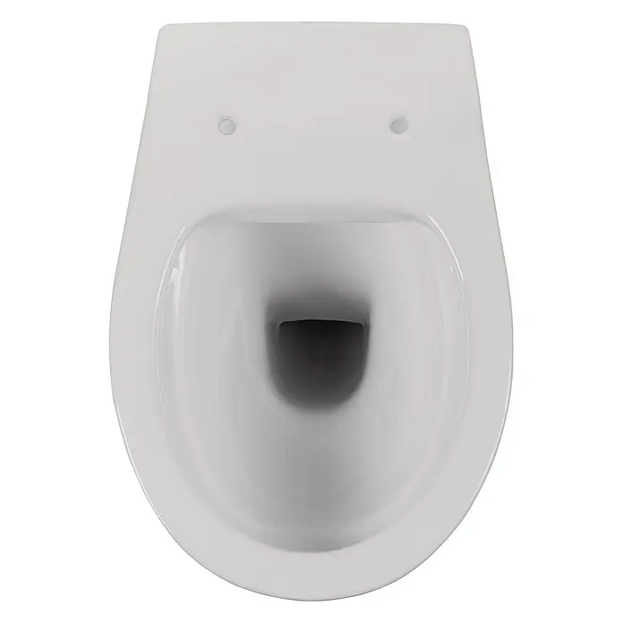 Calmwaters Wand-WC-Set Set mit WC-Sitz - Spülrandlos, Ohne Spezialglasur, Spülform: Tief, WC Abgang: Waagerecht, Manhattan-Grau - Eine Nahaufnahme einer weißen Toilette, die eine moderne und saubere Badezimmerarmatur zeigt.