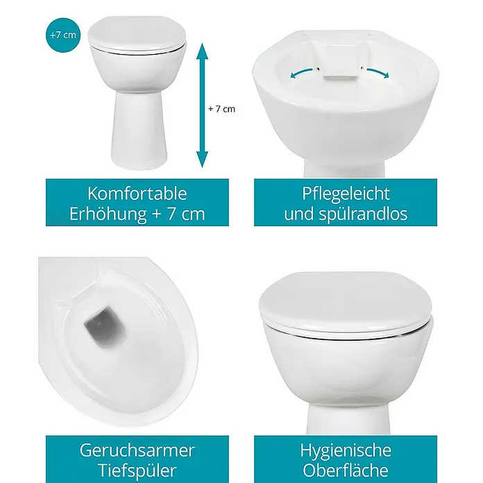 Calmwaters Stand-WC-Set Spülrandlos mit Erhöhung - Spülrandlos, Ohne Spezialglasur, Spülform: Tief, WC Abgang: Waagerecht, Weiß - Bild einer erhöhten, spülrandlosen Toilette mit verschiedenen Ansichten und den Hinweisen: Komfortable Erhöhung + 7 cm.