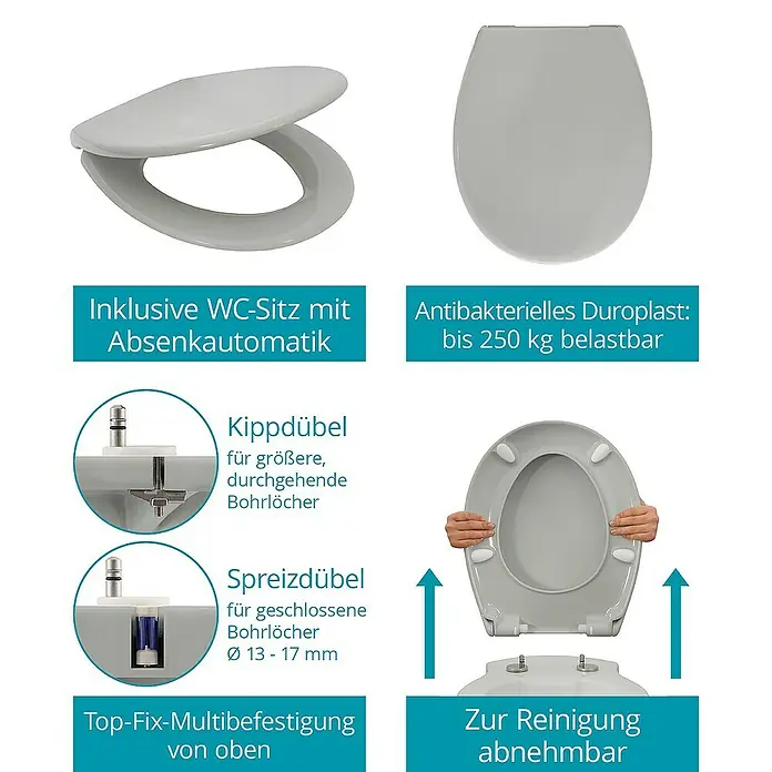 Calmwaters Wand-WC-Set Set mit WC-Sitz - Spülrandlos, Ohne Spezialglasur, Spülform: Tief, WC Abgang: Waagerecht, Manhattan-Grau - WC-Sitz aus Duroplast mit Absenkautomatik und verschiedenen Befestigungsarten, zur Reinigung abnehmbar, belastbar bis 250 kg.