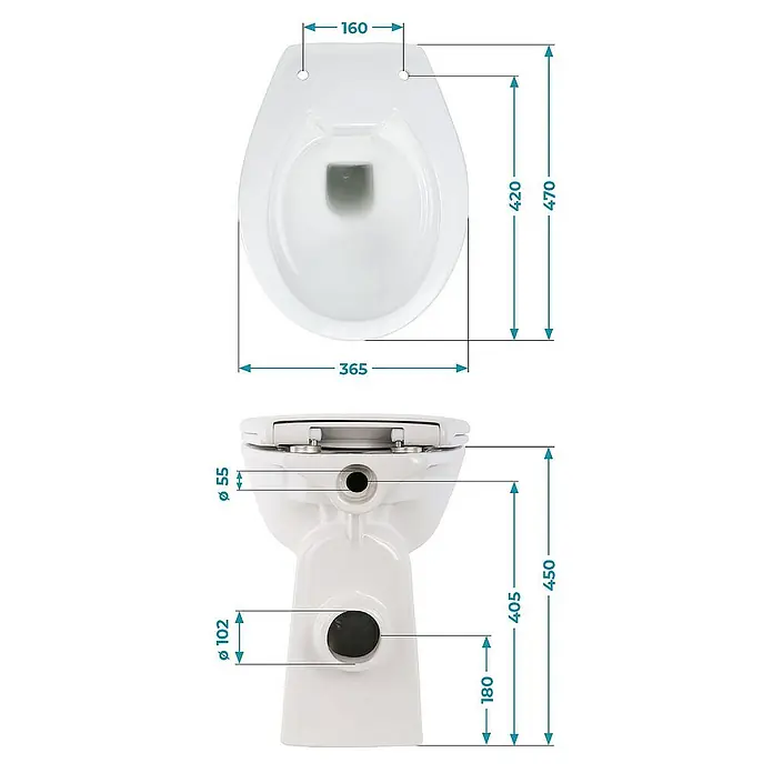Calmwaters Stand-WC-Set Spülrandlos mit Erhöhung - Spülrandlos, Ohne Spezialglasur, Spülform: Tief, WC Abgang: Waagerecht, Weiß - Technische Zeichnung einer weißen Toilette mit Maßangaben für Installation und Design.