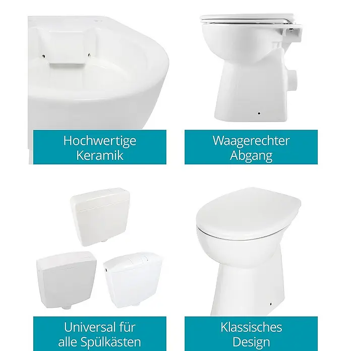 Calmwaters Stand-WC-Set Spülrandlos mit Erhöhung - Spülrandlos, Ohne Spezialglasur, Spülform: Tief, WC Abgang: Waagerecht, Weiß - Produktabbildung einer Keramiktoilette mit verschiedenen Designs und Spülkästen für ein modernes Badezimmer.