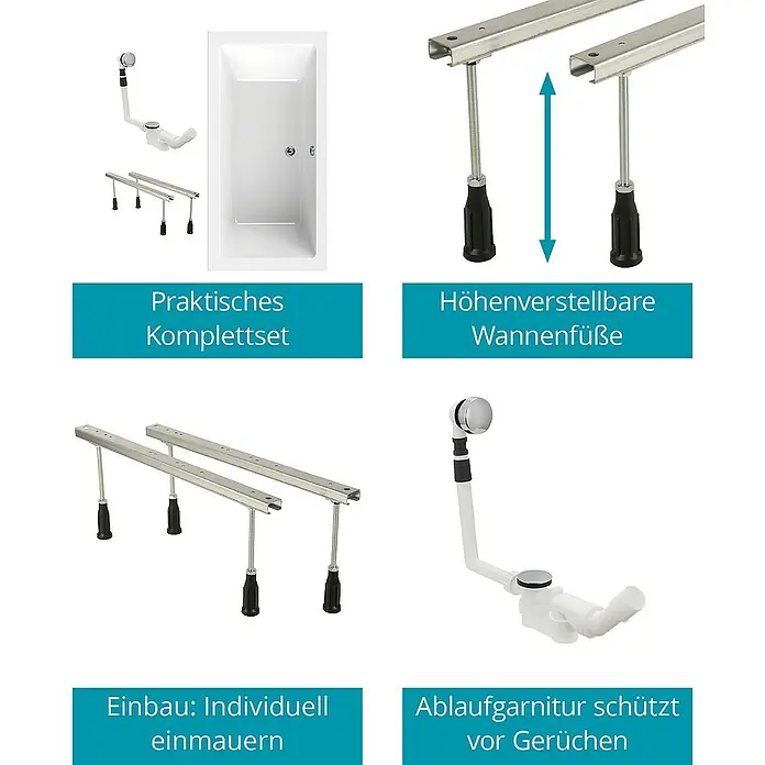 Calmwaters Badewanne Modern Square 2 - Sanitäracryl, Weiß - Badewannen-Komplettset: Inklusive höhenverstellbarer Wannenfüße für individuellen Einbau und Ablaufgarnitur zum Schutz vor Gerüchen.