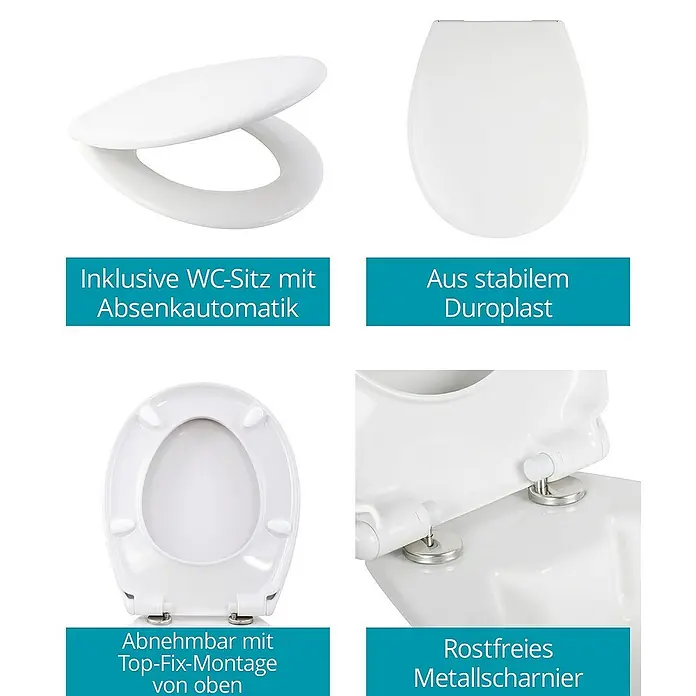 Calmwaters Stand-WC-Set Spülrandlos mit Erhöhung - Spülrandlos, Ohne Spezialglasur, Spülform: Tief, WC Abgang: Waagerecht, Weiß - WC-Sitz aus Duroplast mit Absenkautomatik und rostfreiem Metallscharnier. Abnehmbar mit Top-Fix-Montage von oben.