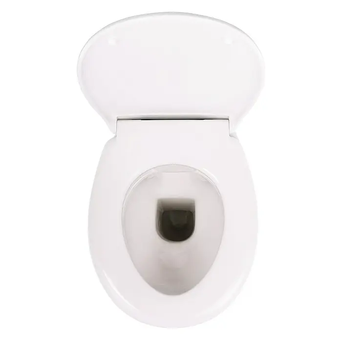 Calmwaters Stand-WC-Set Spülrandlos mit Erhöhung - Spülrandlos, Ohne Spezialglasur, Spülform: Tief, WC Abgang: Waagerecht, Weiß - Weißes WC mit geöffnetem Deckel, das die Innenseite und das Design der Toilettenschüssel zeigt. Hygienisch und modern.