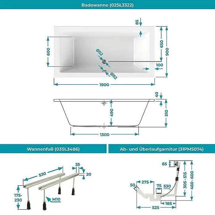 Calmwaters Badewanne Modern Square 2 - Sanitäracryl, Weiß - Technische Zeichnung der Badewanne (02SL3322) mit Maßen, Wannenfuß (03SL3486) und Ab- und Überlaufgarnitur (31PM5074).