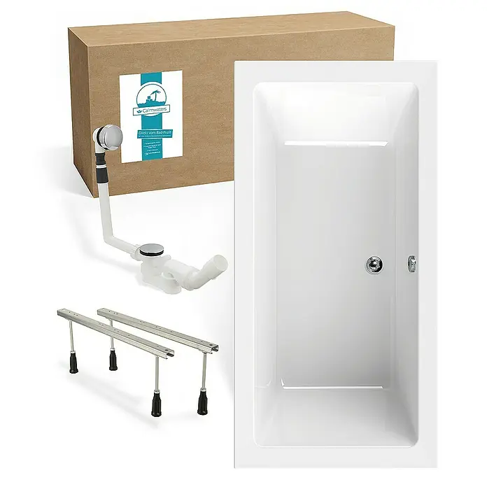 Calmwaters Badewanne Modern Square 2 - Sanitäracryl, Weiß - Produktabbildung eines weißen Badezimmersets, bestehend aus einer Badewanne, einem Siphon, einem Kasten und Füßen.