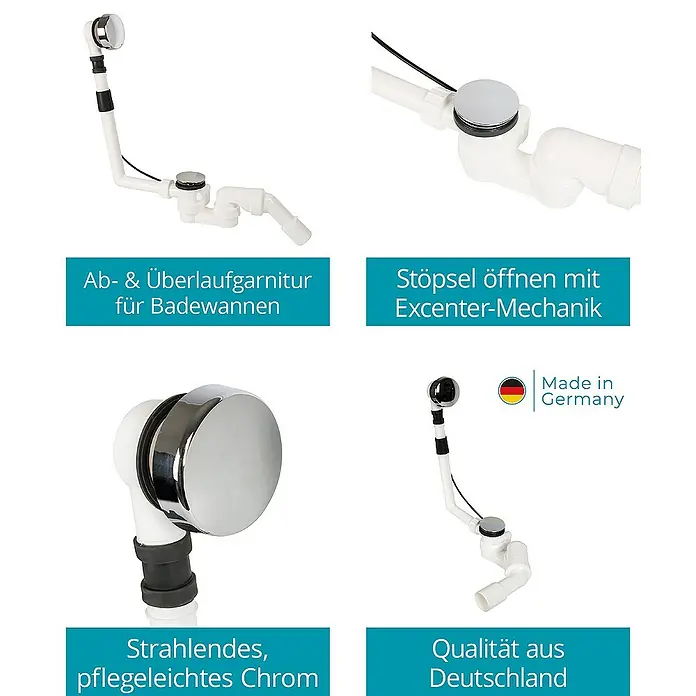 Calmwaters Badewanne Modern Square 2 - Sanitäracryl, Weiß - Bild einer Ab- und Überlaufgarnitur für Badewannen, hergestellt in Deutschland, mit glänzendem Chrom.