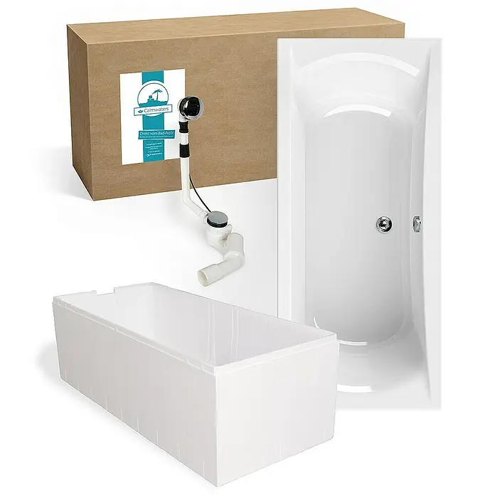 Calmwaters Badewanne Modern Curved - Sanitäracryl, Weiß - Abgebildet ist eine Badewanne mit Zubehör. Die Badewanne ist weiß und hat eine rechteckige Form. Das Zubehör besteht aus einem Abfluss, einem Siphon und einer Verkleidung.